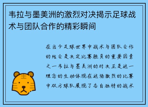 韦拉与墨美洲的激烈对决揭示足球战术与团队合作的精彩瞬间
